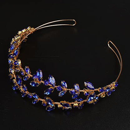 JWICOS Crystal Wedding Headband Tiara Bridal Rhinestone Headpiece Wedding Hair Accessories Tiara for Women and Girls (Blue Gold) - color: Blue Gold