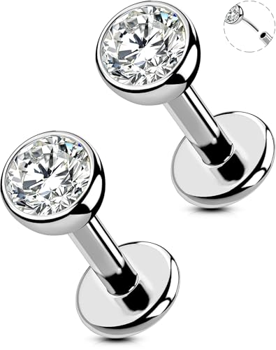 OUFER 2Pcs 20G/18G/16G G23 Titanium Threadless Nose Stud Earrings Flat Back Tiny CZ Small Nose Helix Cartilage Tragus Conch Labret Medusa Monroe Piercing Jewelry for Women Men - color: Silver, size: 2pcs, 16g 5mm, 3mm cz