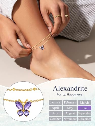 Suplight Gold Plated Butterfly Anklets for Women Waterproof, Layered Boho Ankle Bracelet with Birthstone, Stainless Steel Adjustable Non-Tarnish Heart Foot Jewelry Beach Vacation - color: 06. Butterfly-Jun. Alexandrite