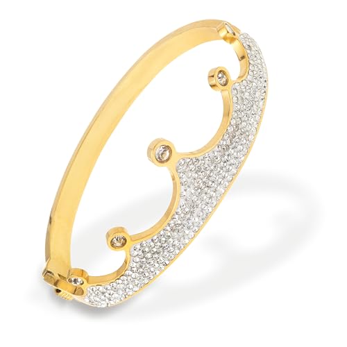 14k Gold Plated Cubic Zirconia Bangle Classic Bracelets for Woman, Sparkly Rhinestones Crown Bangle Stainless Steel Stackable Cuff Bracelet Trendy Statement Jewelry Gifts - color: GoldCrown