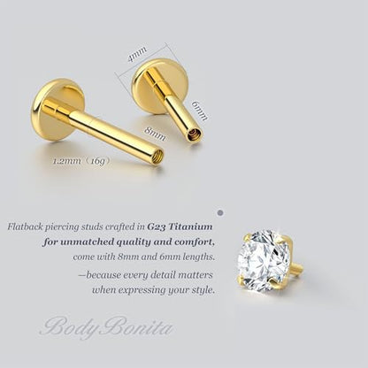 G23 Titanium 16G Tragus Conch Piercing Jewelry Flat Back Stud Earrings | Hypoallergenic CZ Nose Dangle Helix Medusa Lip Labret Body Piercing Jewelry, 14K Gold Plated, Silver, 6 and 8 mm Post Length - color: Clear CZ-14K Gold
