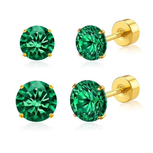 20G G23 Implant Grade Titanium Flat Back Stud Earrings for Women Men, Gold/White Gold Plated Tragus Labret Cartilage Helix F136 Piercing Jewelry for Sensitive Ears, with 4-6mm Cubic Zirconia - color: 2Pairs-20G-Golden-Green-Stud Earring Sets