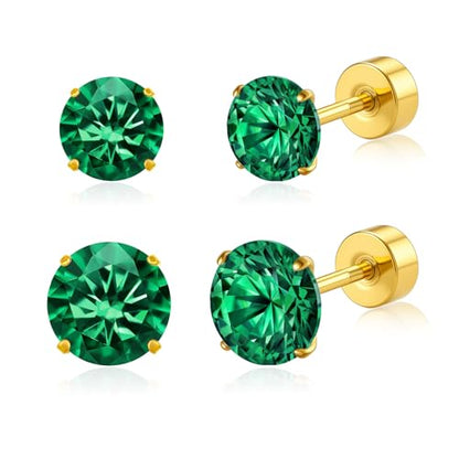 20G G23 Implant Grade Titanium Flat Back Stud Earrings for Women Men, Gold/White Gold Plated Tragus Labret Cartilage Helix F136 Piercing Jewelry for Sensitive Ears, with 4-6mm Cubic Zirconia - color: 2Pairs-20G-Golden-Green-Stud Earring Sets