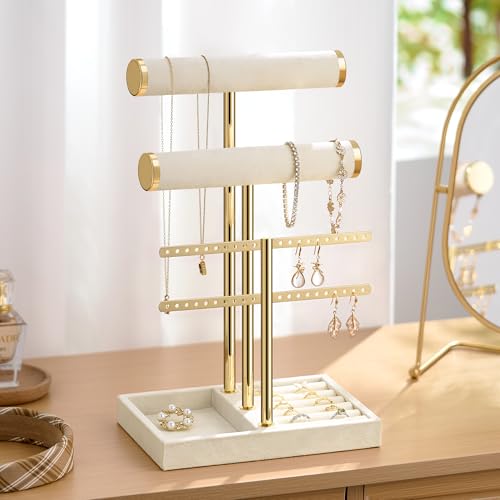 Bracelet Holder Jewelry Organizer Display - 3 Tier T Bar Velvet Stand, Beige Jewelry Storage for Bracelet, Necklaces, Earrings, Rings, Watches - color: Beige