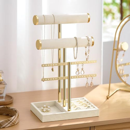 Bracelet Holder Jewelry Organizer Display - 3 Tier T Bar Velvet Stand, Beige Jewelry Storage for Bracelet, Necklaces, Earrings, Rings, Watches - color: Beige