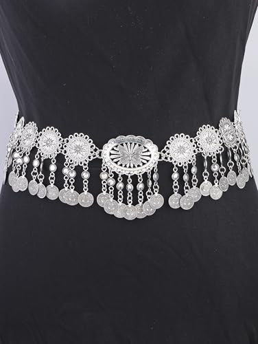 CHIC DIARY Metal Chain Belt for Women Coin Belly Link Tassel Belt for Dress | Boho Style Coin Pendant Tassel Belt Gold/Silver Adjustable Concho Belly Dance Belts for Dresses Skirts Jeans - color: Silver-dance