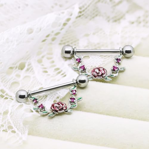 2pcs 14G Nipple Rings Flower Nipple Bars Surgial Steel 316L Nipple Piercing Jewelry Heart Nipple Barbell for Women - color: ROSY