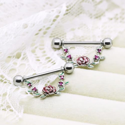 2pcs 14G Nipple Rings Flower Nipple Bars Surgial Steel 316L Nipple Piercing Jewelry Heart Nipple Barbell for Women - color: ROSY