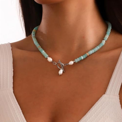 Dainty Turquoise Pearl Pendant Necklace 18K Gold Plated Bohemian Stone Pearl Choker Necklace for Women Dainty Natural Stone Choker Turquoise Beaded Necklace - color: Gold and Sliver