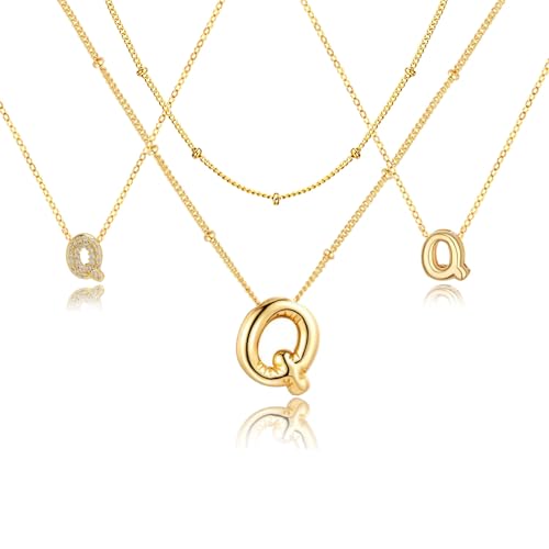 stino 4PCs Bubble Initial Letter Necklace Set, No Tarnish 14K Gold Plated Alphabet Pendant, Jewelry for Women - style: Q