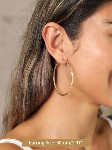 FindChic Thin Hoop Earrings for Women,Silver/Black/Gold Plated 20-100mm - color: Gold, size: 50mm
