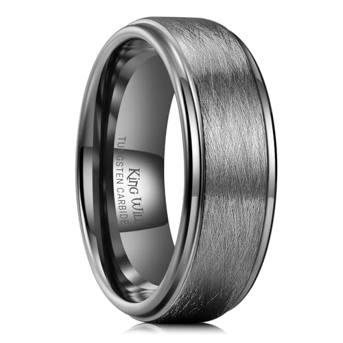 King Will Classic Tungsten Carbide Ring Brushed Two Grooved Center Hammered Design Mens Wedding Band for Men | Black/Silver/Gold, 8mm, Men's Wedding Band, Grooved, Comfort Fit, Everyday Wear - color: C-Gunmetal Gray 8mm