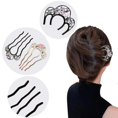 2 Pack Flower Pattern U Shaped Hair Pins for Buns Creative 4 Prong Hair Updo Hair Sticks Metal Teeth Hair Fork Clips Attractive Hair Accessories (Multi-Color)