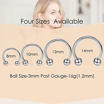 MILACOLATO 2Pcs Implant Grade Titanium Septum Rings for Women Men 16G | G23 Solid Titanium Internally Threaded Horseshoe Circular Barbell Piercing Jewelry for Nose Lip Tragus Eyebrow Helix Daith - color: 2pcs-black&steel-16g/10mm