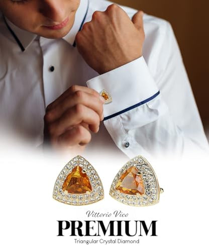 Triangular Crystal Diamond Set Cuff Links for Men – Tuxedo Suit Accessories, Cufflinks for Men - style: Yellow/Gold