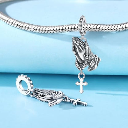 925 Sterling Silver Charms for Bracelets and Necklace Religious Cross Pendants Praying Hands, Bible, Virgin Mary, Jesus, Church Bead Jewelry - color: Prayer Cross Charms