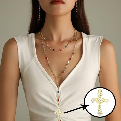 Colorful Crystal Long Necklace for Women Dainty Boho Y-Shaped Color Bead Necklaces Sparkly Rhinestone Pendant Layered Gold Long Chain Choker Good Luck Trend Jewelry Gift Jewelry - color: Cross+Double Gold