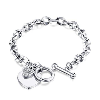 kelistom 316L Stainless Steel Love Heart Charm Bracelet for Women Romantic Gift Silver/Rose/18k Gold Plated OT Clasp Bracelets - color: silver-1
