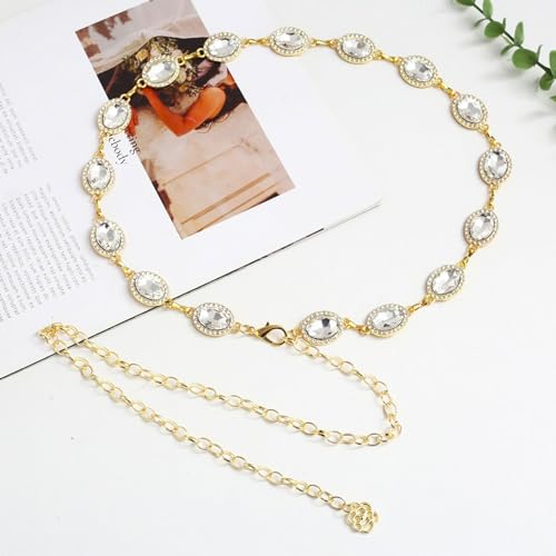 Womens Chain Belt with Jewelry Inlaid Thin Waistband Fashion Waist Belts for Dress Jeans - color: White