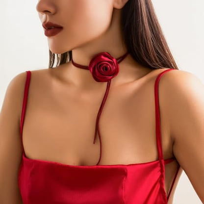 Red Camellia Flower Fabric Choker Necklace for Women Black Rose Floral Rope Statement Necklaces Trendy Costume Outfit Cloth Jewelry Petal Accessories - color: Red