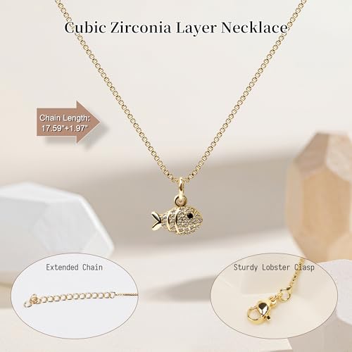 Dainty Gold Necklace for Women, 14K Gold Plated Cubic Zirconia Pendant Necklace, Dainty Fish Sea Turtle Pendant Necklace Ocean Beach Cute Trendy Gold Jewelry Necklaces for Women Gift - style: Fish B