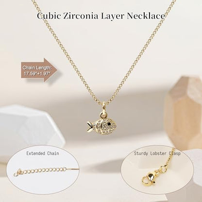 Dainty Gold Necklace for Women, 14K Gold Plated Cubic Zirconia Pendant Necklace, Dainty Fish Sea Turtle Pendant Necklace Ocean Beach Cute Trendy Gold Jewelry Necklaces for Women Gift - style: Fish B