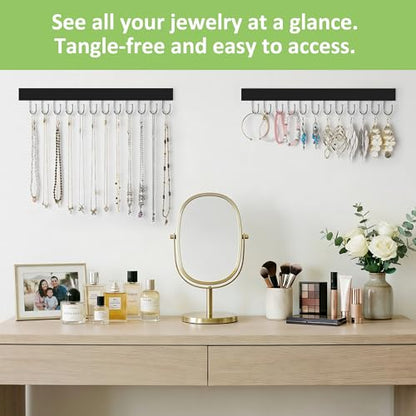 Jewelry Organizer Wall Mounted 2 Pack, Wooden Necklace Holder Wall Hanger with 24 Hooks for Hanging Necklaces and Jewelry Storage, Black - color: Black