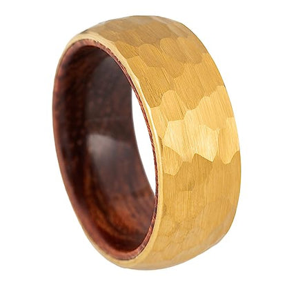 8mm Tungsten Carbide Genuine Natural Koa Wood Inner Inlay Ring Black/Gold/Silver/Rose Gold Wedding Band Hammered Textured Flat Style Comfort Fit Gift Box Included - color: Hammered Gold Tungsten