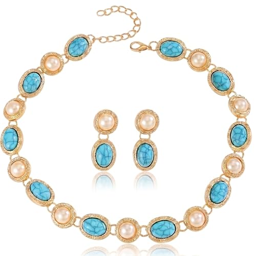 Turquoise Pearl Jewelry Set for Women 14K Gold Plated Choker & Drop Earrings Boho Western Vintage Statement Costume Jewelry for Wedding Birthday Party Gift - color: Turquoise set