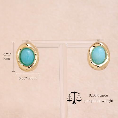 Jean Beau Chunky Gold Stone Stud Earrings for Women, Trendy Natural Gemstone Hypoallergenic Earing Valentine Jewelry Gift - color: Amazonite Blue