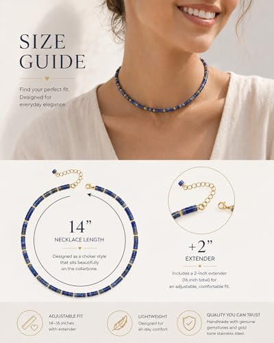 Natural Heishi Gemstone Choker Necklace for Women, Adjustable 15"+2" Beaded Layering Necklace, Coastal Beach Jewelry Gift for Her - color: Dumortierite