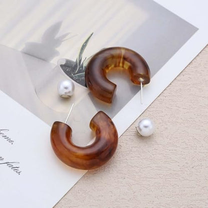 Chunky Acrylic Hoop Earrings White Resin Open Circle Hoop Earrings Round Pearl Studs Thick Acrylic C Shape Earring Pearl Front Back Earring Jewelry for Women - color: Brown