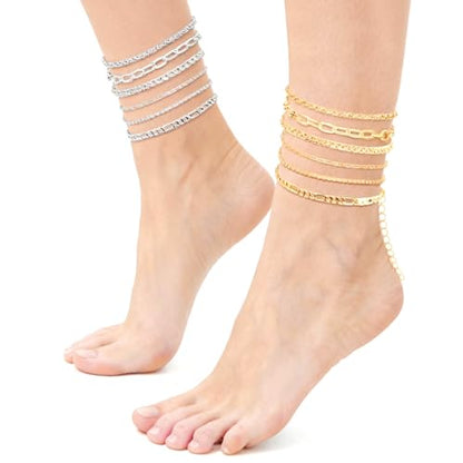 Gold Silver Ankle Bracelets for Women 12 Pcs Cuban Anklet Link Chain Set Multi-layered Wear Boho Bracelet Set Summer Beach Jewelry Accessories