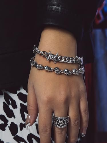 Bandmax Barbed Wire Chain Bracelets for Men Women Stainless Steel/Black/Gold Thorn Cuban Link Bracelet Adjustable Punk Emo Style Jewelry Gift - color: 01 9MM-Silver Tone