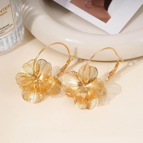 Dangle Flower Gold Earrings for Women, Trendy Statement Hoop Earrings, Gold Floral Drop Earrings Jewelry for Gifts - color: golden flower