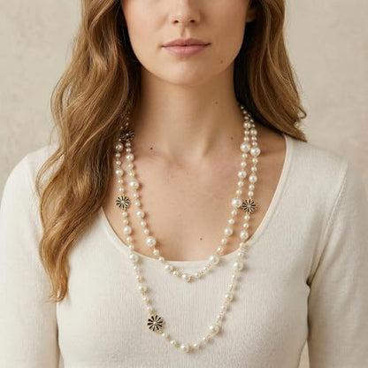 Long Pearl Necklace for Women, Layered Faux Pearl Station Necklace, Gold Tone Double Strand for Wedding Guest Looks and Evening Styling - color: Golden Sun flower 060