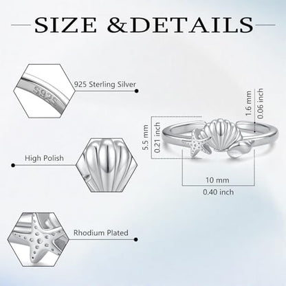 Sariel 925 Sterling Silver Toe Rings for Women Boho Adjustable Mid Finger Rings Summer Vacation Ocean Beach - color: Shell