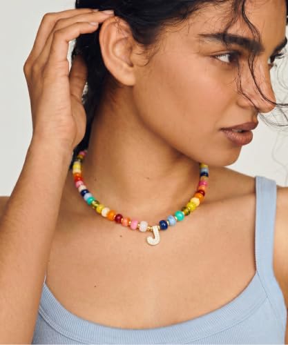 Colorful Beaded Initial Necklace for Women - Colorful Letter A-Z Necklaces, 14K Gold Plated Zirconia Bubble Letter Charm, Women Gold Jewelry Personalized Birthday Gifts - color: J