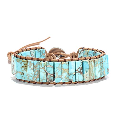 sedmart 7 Chakra Bracelets for Women with Real Stones Leather Wrap Healing Bead Bracelet Women Men Boho Friendship Jewelry - color: A9 Colorful tree button & Turquoise