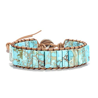 sedmart 7 Chakra Bracelets for Women with Real Stones Leather Wrap Healing Bead Bracelet Women Men Boho Friendship Jewelry - color: A9 Colorful tree button & Turquoise