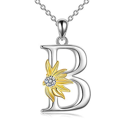 POPLYKE Initial Sunflower Necklace for Women 925 Sterling Sliver Sunflower Pendant Necklace Letter Initial Pendant Chain - style: Sunflower B