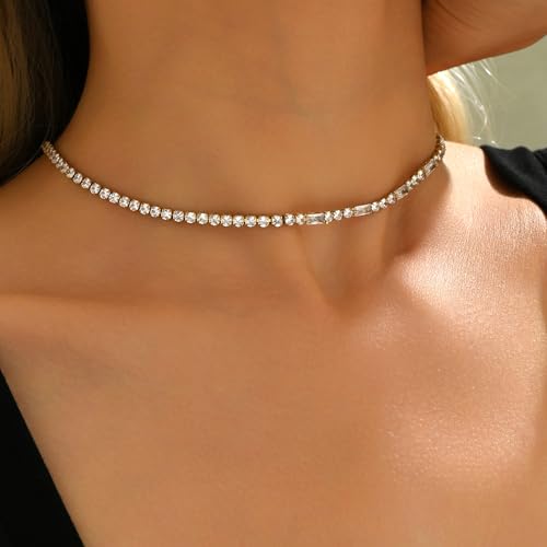 Tennis Necklaces for Women 18K Gold Plated White Red Green Blue Cubic Zirconia Necklaces Dainty Rhinestone Choker Necklaces Trendy Faux Diamond Tennis Chain 3mm - color: White Tennis Choker-Gold