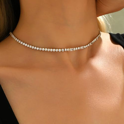 Tennis Necklaces for Women 18K Gold Plated White Red Green Blue Cubic Zirconia Necklaces Dainty Rhinestone Choker Necklaces Trendy Faux Diamond Tennis Chain 3mm - color: White Tennis Choker-Gold