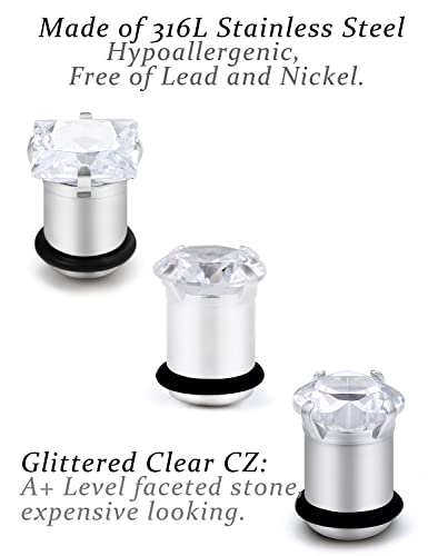 8G 6G 4G 2G 0G 1/2 inch Stainless Steel Ear Gauges - Round, Square, Heart, Cubic Zirconia - 3mm to 12mm - Silver, 3 Pairs - color: Gauge=2g=6mm