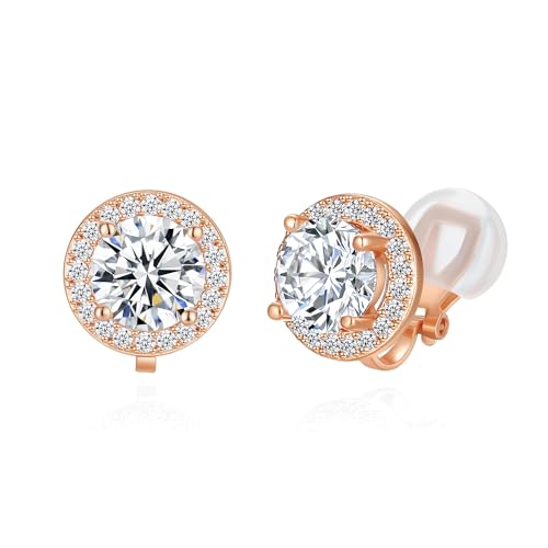 YOQUCOL 8MM Cubic Zirconia Crystal Clip On Stud Earrings Round Non Pierced Earrings for Women - color: Rose gold-White