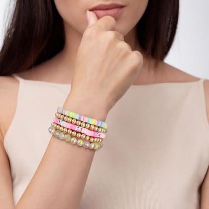 Summer Surfer Heishi Bracelet Set for Women Stackable Gold Plated Clay Ploymer Bead Stretch Pink Beach Layering Bracelets Jewelry - color: B-A2
