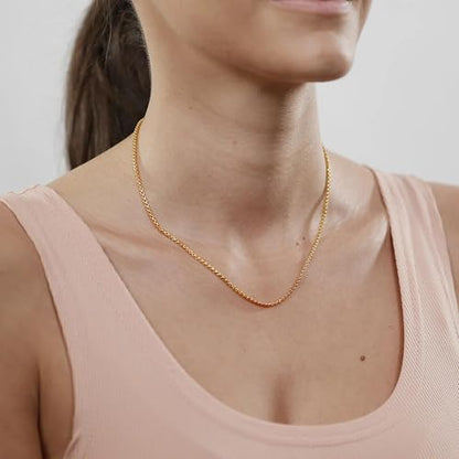 Gold Silver Necklace Chain With Adjustable Lobster Clasp, Diamond Cut Geometric Gold Beads Stationed on Dainty 2mm Cable Box Chain, 16 Inches Rolo Oval Figaro Link Singapore Chain. - color: Gold05
