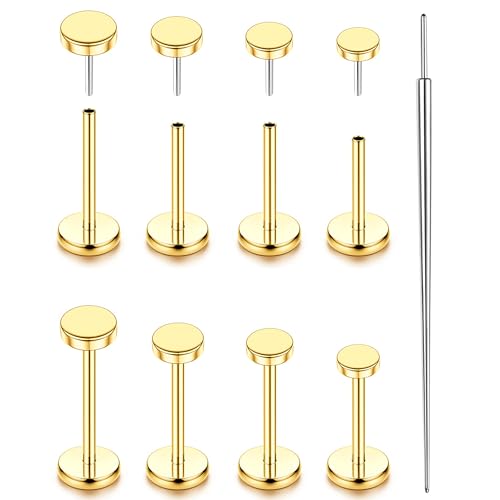 YADOCA Threadless Flat Back Earrings Gold Nose Studs Surgical Steel | Push-in flat back design for cartilage tragus helix conch and medusa piercings, gold plated stainless steel studs - color: Gold Round, size: 20G(0.8MM)
