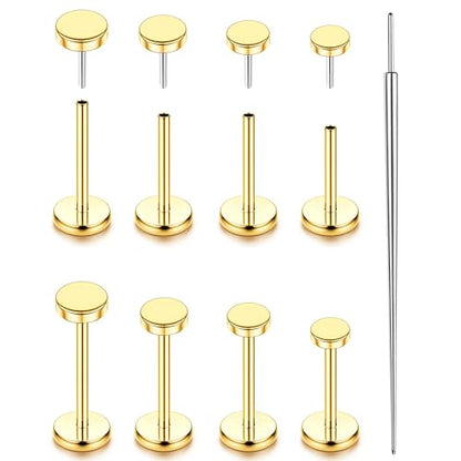 YADOCA Threadless Flat Back Earrings Gold Nose Studs Surgical Steel | Push-in flat back design for cartilage tragus helix conch and medusa piercings, gold plated stainless steel studs - color: Gold Round, size: 20G(0.8MM)