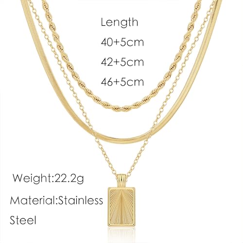 Gold Layered Necklaces for Women Stack Boho Stacking Layering 14K Gold Plated Chain Necklaces Set Cuban Link Herringbone Twist Chain Square Coin Pendant Necklace Jewelry Gifts Trendy Stuff - color: A Gold Layered Square Necklace